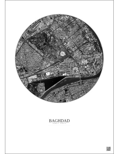 Affiche Baghdad – Poster vue satellite 2.5km N&B | Gravura – Fond clair