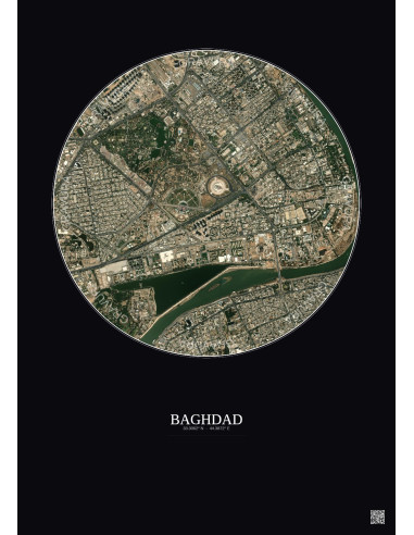 Affiche Baghdad – Poster vue satellite 2.5km Couleur | Gravura – Fond foncé