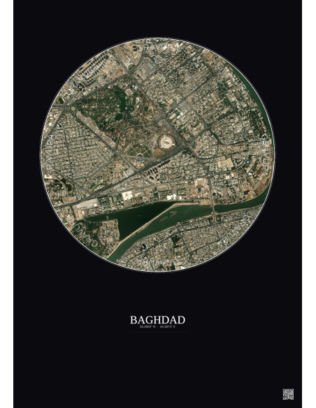 Affiche Baghdad – Poster vue satellite 2.5km Couleur | Gravura – Fond foncé