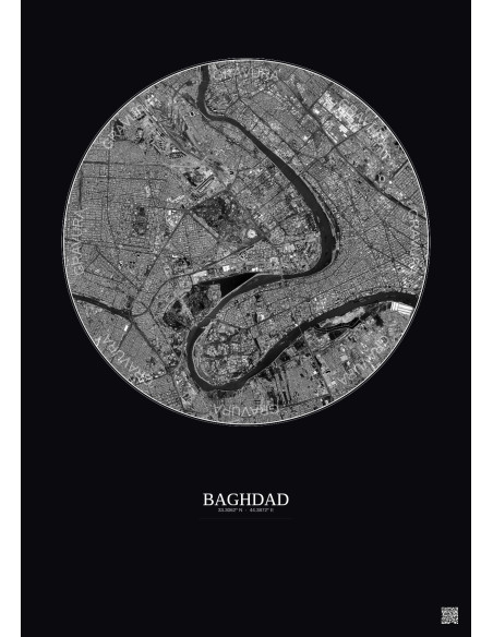 Affiche Baghdad – Poster vue satellite 6km N&B | Gravura – Fond foncé