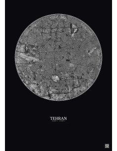 Affiche Tehran – Poster vue satellite 10km N&B | Gravura – Fond foncé
