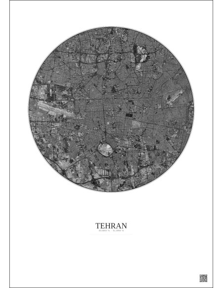 Affiche Tehran – Poster vue satellite 10km N&B | Gravura – Fond clair