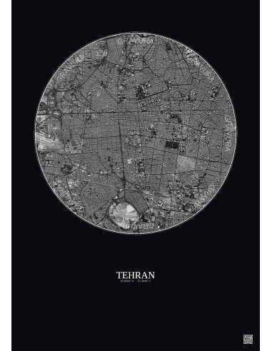 Tehran Satellite View Poster 6km B&W | Gravura – Dark background