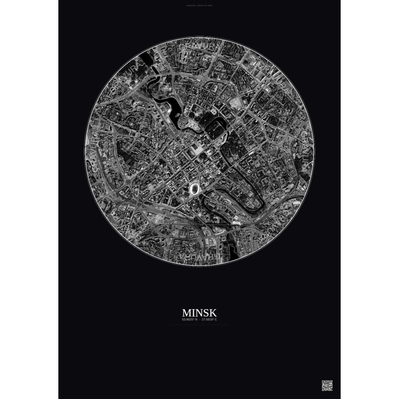 Affiche Minsk – Poster vue satellite 2.5km N&B | Gravura – Fond foncé