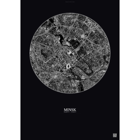 Affiche Minsk – Poster vue satellite 2.5km N&B | Gravura – Fond foncé