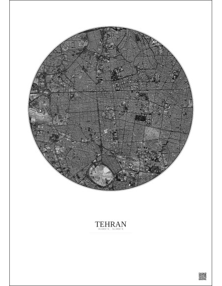 Affiche Tehran – Poster vue satellite 6km N&B | Gravura – Fond clair