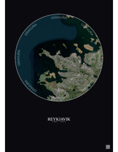 Affiche Reykjavik – Poster vue satellite 10km Couleur | Gravura – Fond foncé