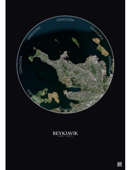 Affiche Reykjavik – Poster vue satellite 6km Couleur | Gravura – Fond foncé