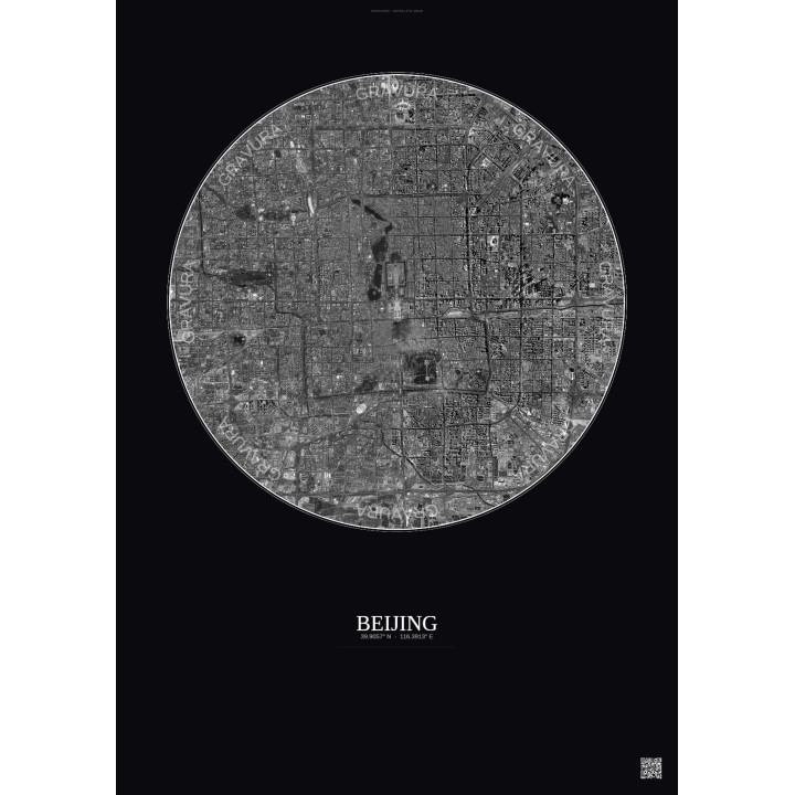 Affiche Beijing – Poster vue satellite 10km N&B | Gravura – Fond foncé