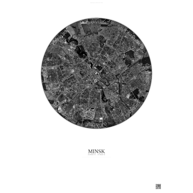 Affiche Minsk – Poster vue satellite 6km N&B | Gravura – Fond clair