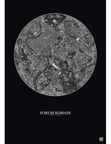 Affiche Forum Romain – Poster vue satellite 2.5km N&B | Gravura – Fond foncé