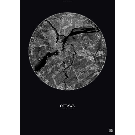 Affiche Ottawa – Poster vue satellite 10km N&B | Gravura – Fond foncé