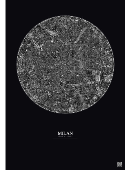 Affiche Milan – Poster vue satellite 5km N&B | Gravura – Fond foncé