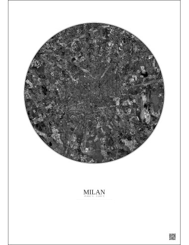 Affiche Milan – Poster vue satellite 10km N&B | Gravura – Fond clair