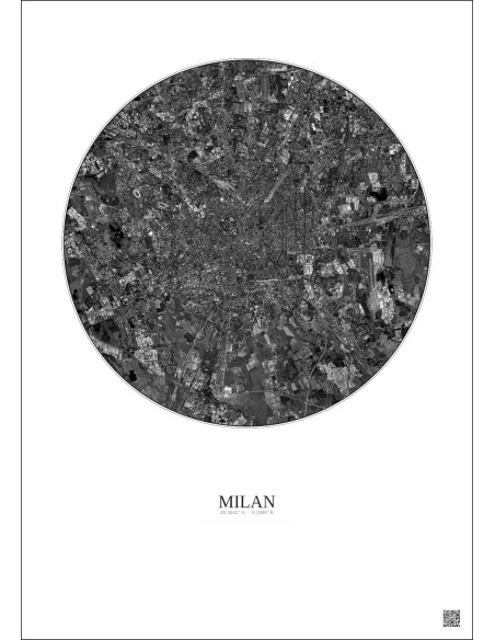 Affiche Milan – Poster vue satellite 10km N&B | Gravura – Fond clair