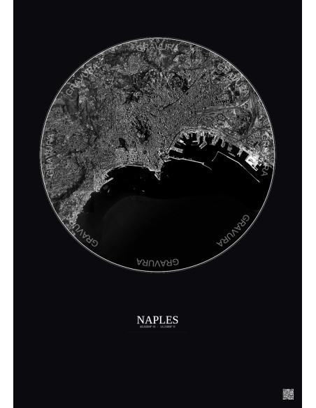 Affiche Naples – Poster vue satellite 5km N&B | Gravura – Fond foncé