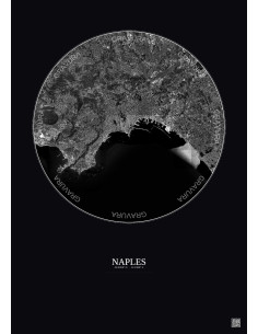 Affiche Naples – Poster vue satellite 10km N&B | Gravura – Fond foncé