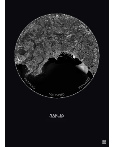 Affiche Naples – Poster vue satellite 10km N&B | Gravura – Fond foncé