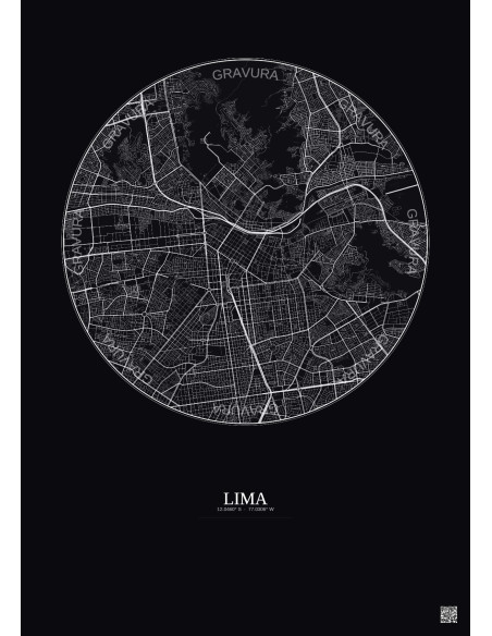 Affiche Lima – Poster carte de ville 6km | Gravura – Fond foncé