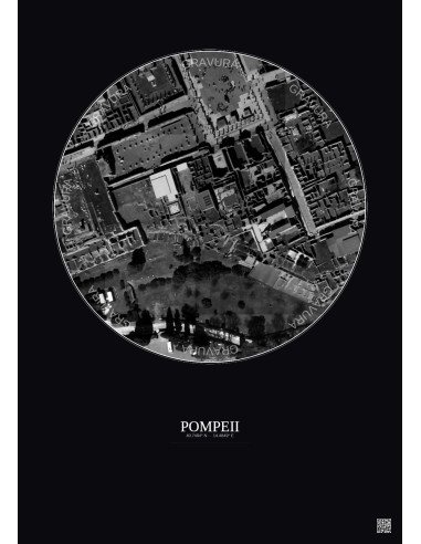 Affiche Pompeii – Poster vue satellite 0.1km N&B | Gravura – Fond foncé
