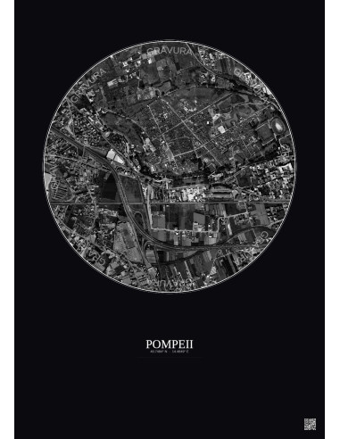 Affiche Pompeii – Poster vue satellite 1km N&B | Gravura – Fond foncé