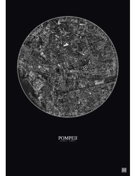 Affiche Pompeii – Poster vue satellite 2.5km N&B | Gravura – Fond foncé