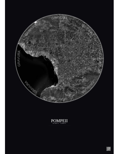 Affiche Pompeii – Poster vue satellite 10km N&B | Gravura – Fond foncé