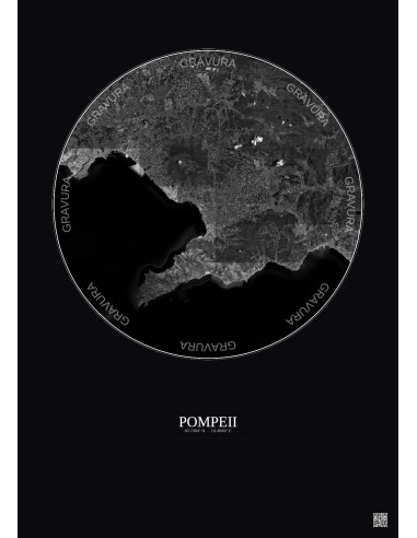 Affiche Pompeii – Poster vue satellite 30km N&B | Gravura – Fond foncé