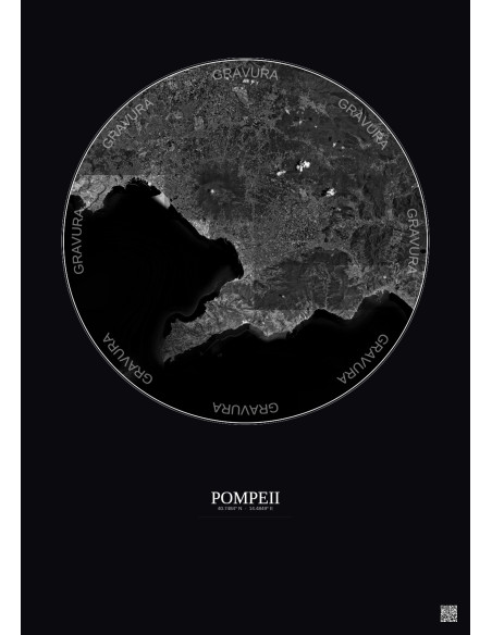 Affiche Pompeii – Poster vue satellite 30km N&B | Gravura – Fond foncé