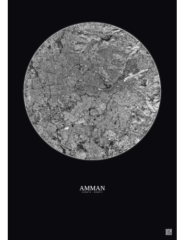 Affiche Amman – Poster vue satellite 10km N&B | Gravura – Fond foncé