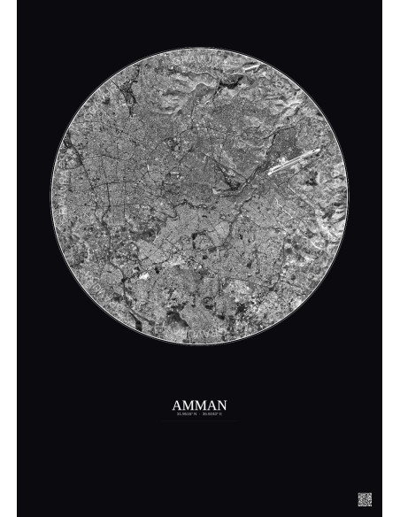 Affiche Amman – Poster vue satellite 10km N&B | Gravura – Fond foncé