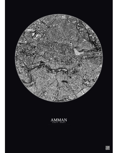 Affiche Amman – Poster vue satellite 2.5km N&B | Gravura – Fond foncé