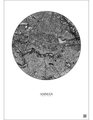 Affiche Amman – Poster vue satellite 2.5km N&B | Gravura – Fond clair