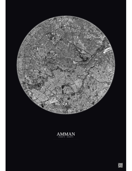 Affiche Amman – Poster vue satellite 6km N&B | Gravura – Fond foncé