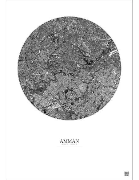 Affiche Amman – Poster vue satellite 6km N&B | Gravura – Fond clair