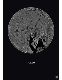 Affiche Tokyo – Poster vue satellite 10km N&B | Gravura – Fond foncé