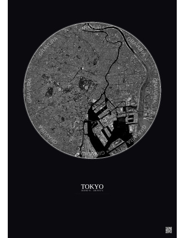 Affiche Tokyo – Poster vue satellite 10km N&B | Gravura – Fond foncé