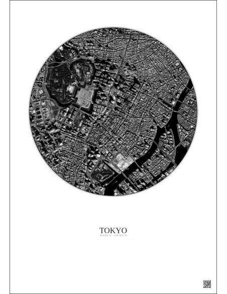 Affiche Tokyo – Poster vue satellite 2.5km N&B | Gravura – Fond clair