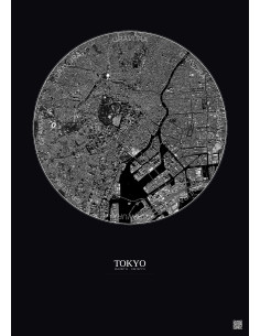 Affiche Tokyo – Poster vue satellite 6km N&B | Gravura – Fond foncé