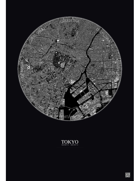 Affiche Tokyo – Poster vue satellite 6km N&B | Gravura – Fond foncé