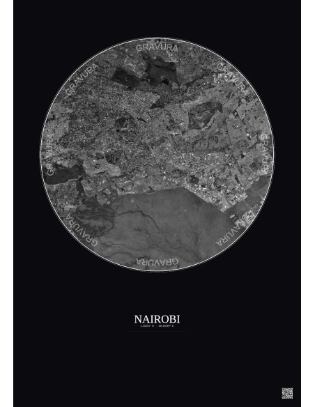 Affiche Nairobi – Poster vue satellite 10km N&B | Gravura – Fond foncé