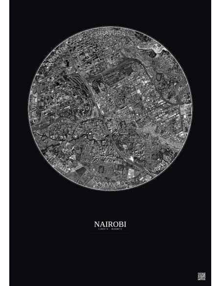 Nairobi Satellite View Poster 2.5km B&W | Gravura – Dark background