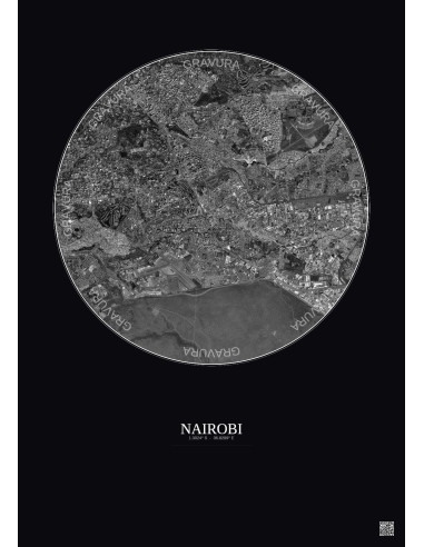 Affiche Nairobi – Poster vue satellite 6km N&B | Gravura – Fond foncé