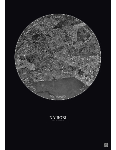 Affiche Nairobi – Poster vue satellite 6km N&B | Gravura – Fond foncé