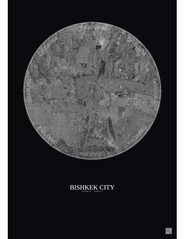 Affiche Bishkek City – Poster vue satellite 10km N&B | Gravura – Fond foncé