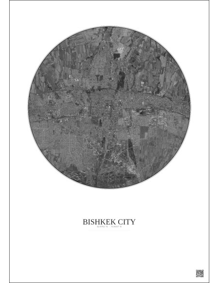 Affiche Bishkek City – Poster vue satellite 10km N&B | Gravura – Fond clair