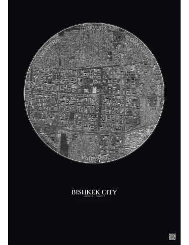 Affiche Bishkek City – Poster vue satellite 2.5km N&B | Gravura – Fond foncé