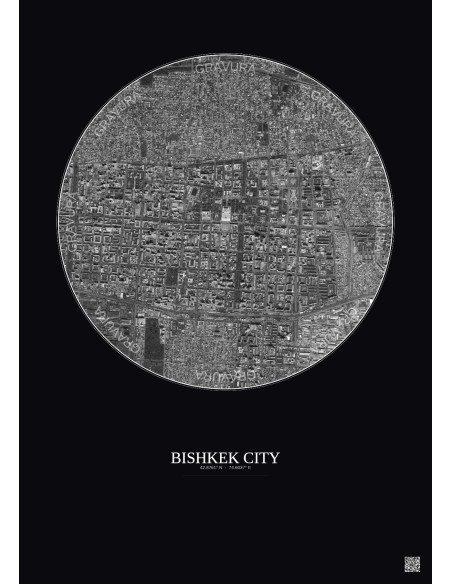 Affiche Bishkek City – Poster vue satellite 2.5km N&B | Gravura – Fond foncé