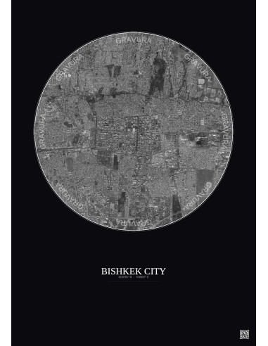 Affiche Bishkek City – Poster vue satellite 6km N&B | Gravura – Fond foncé