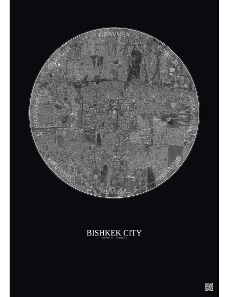 Affiche Bishkek City – Poster vue satellite 6km N&B | Gravura – Fond foncé
